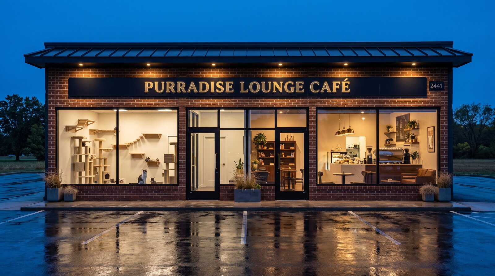 The storefront at dusk